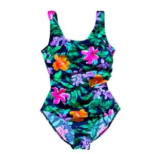 VTG Sunbird 80’s-90’s One-Piece Swimsuit – Multi colored Tropical Print Size 10